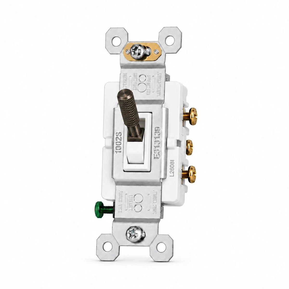 Aged Bronze (Hand-Brushed) toggle switch mechanism with white frame