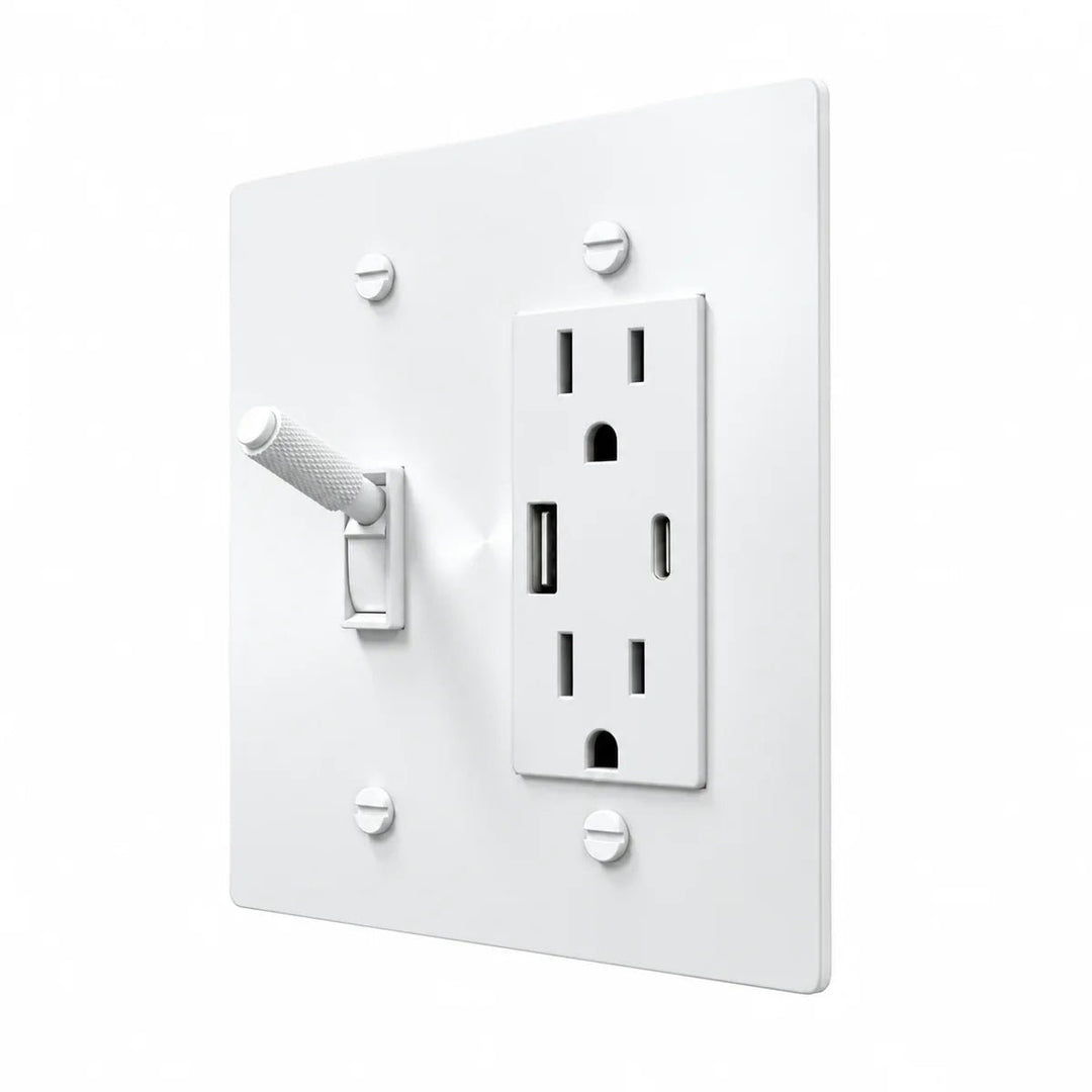 All-white toggle switch plate and USB-A and USB-C charging outlet – PlatePrestige