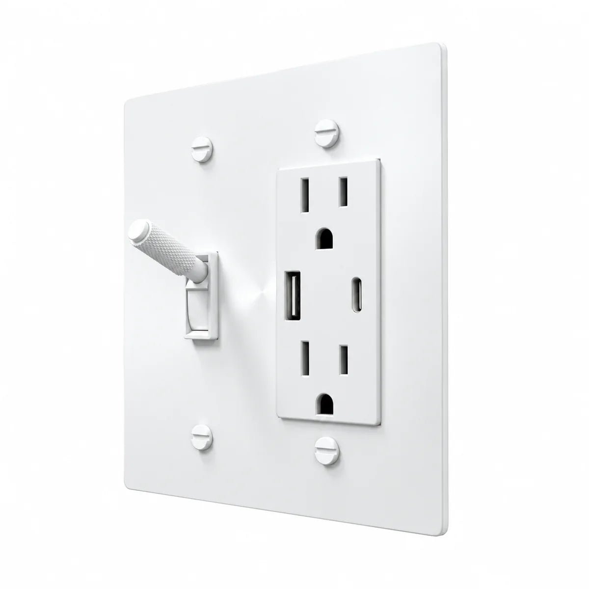 All-white toggle switch plate and USB-A and USB-C charging outlet – PlatePrestige