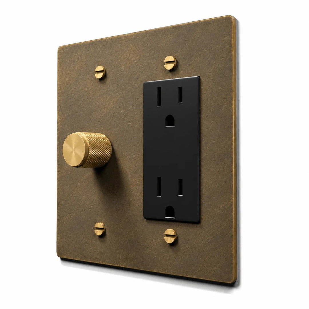 Brass Dimmer & Outlet Combo Switch Plate — Aged Brass / B