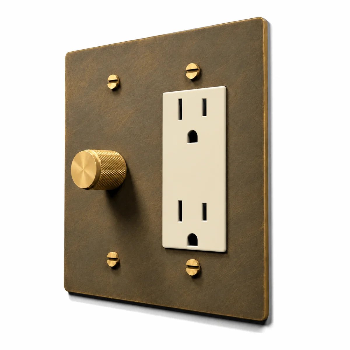 Brass Dimmer & Outlet Combo Switch Plate in Aged Brass with ivory outlet inserts, angled view