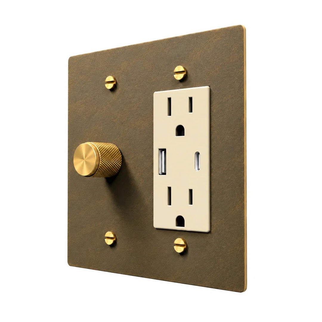 Brass Dimmer & Outlet Combo Switch Plate in Aged Brass with ivory outlet inserts, angled view