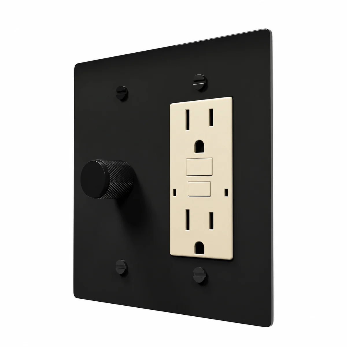 Brass Dimmer & Outlet Combo Switch Plate in All‑Black with ivory outlet inserts, angled view