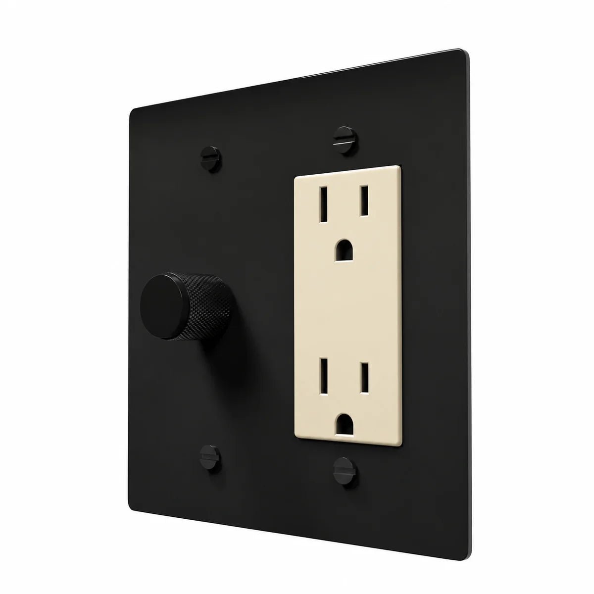 Brass Dimmer & Outlet Combo Switch Plate in All‑Black with ivory outlet inserts, angled view