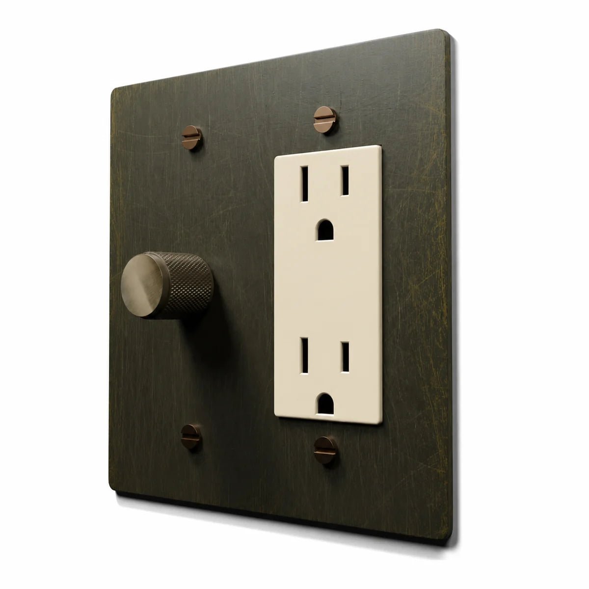 Brass Dimmer & Outlet Combo Switch Plate in Antique Brass with ivory outlet inserts, angled view