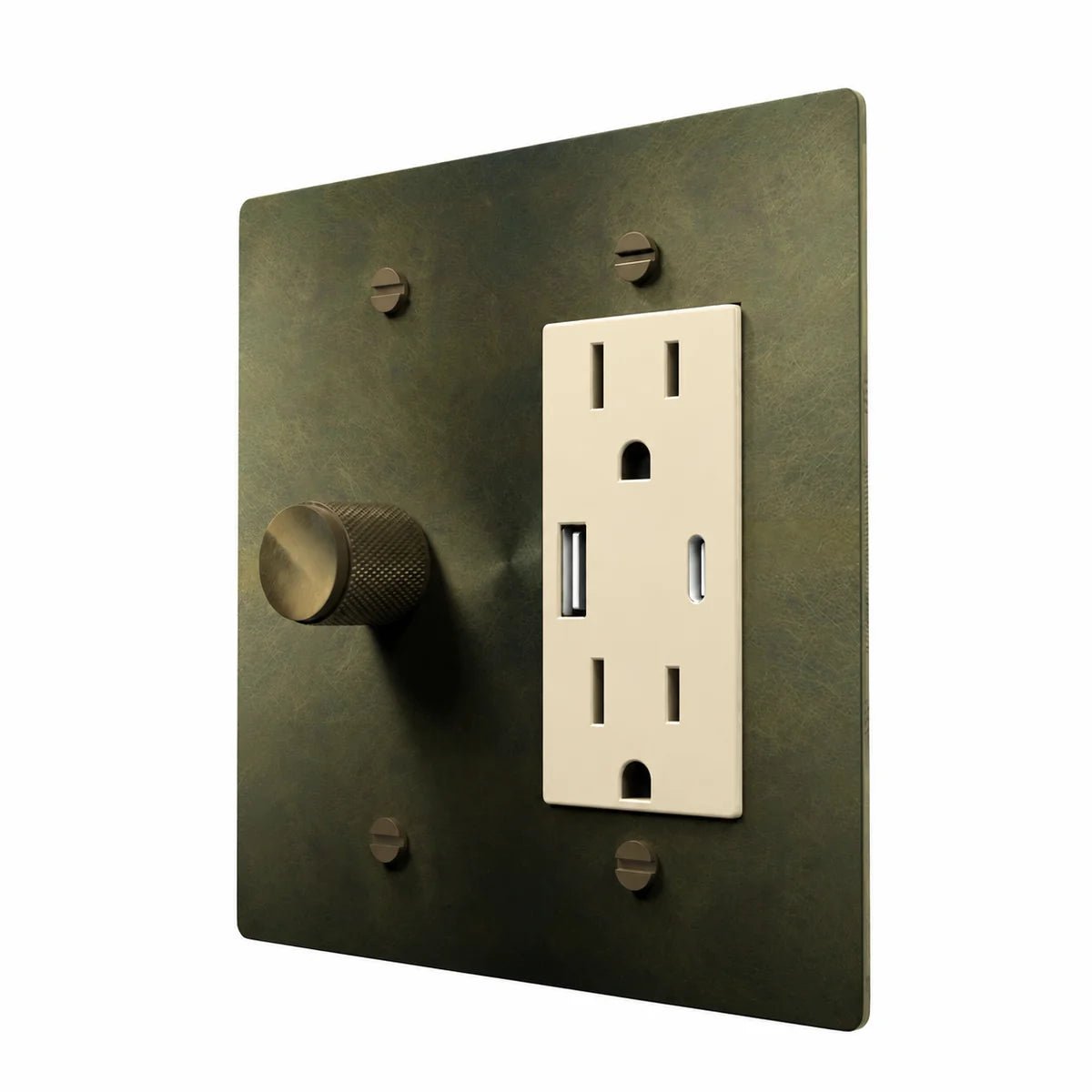 Brass Dimmer & Outlet Combo Switch Plate in Antique Brass with ivory outlet inserts, angled view