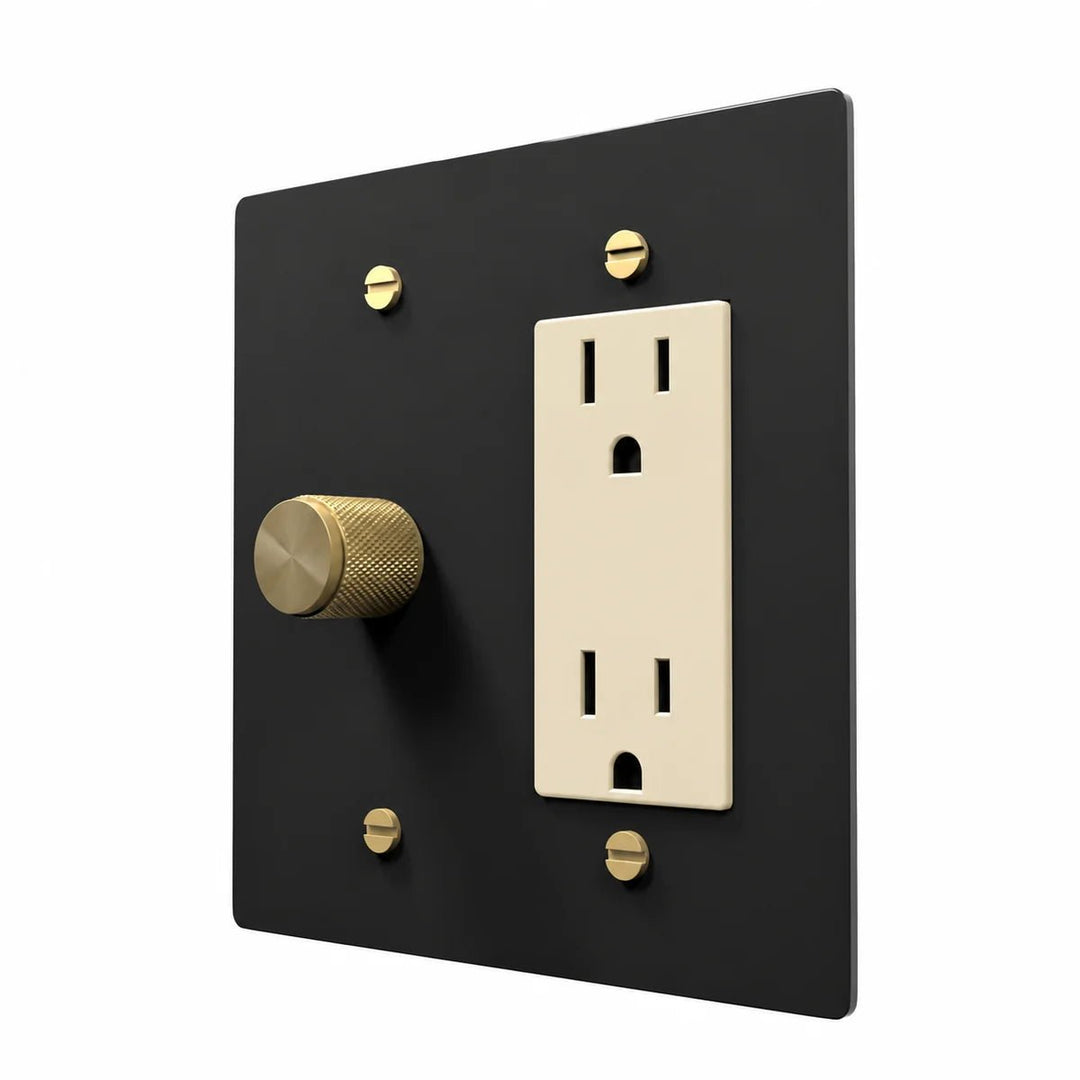 Brass Dimmer & Outlet Combo Switch Plate in Black / Brass with ivory outlet inserts, angled view