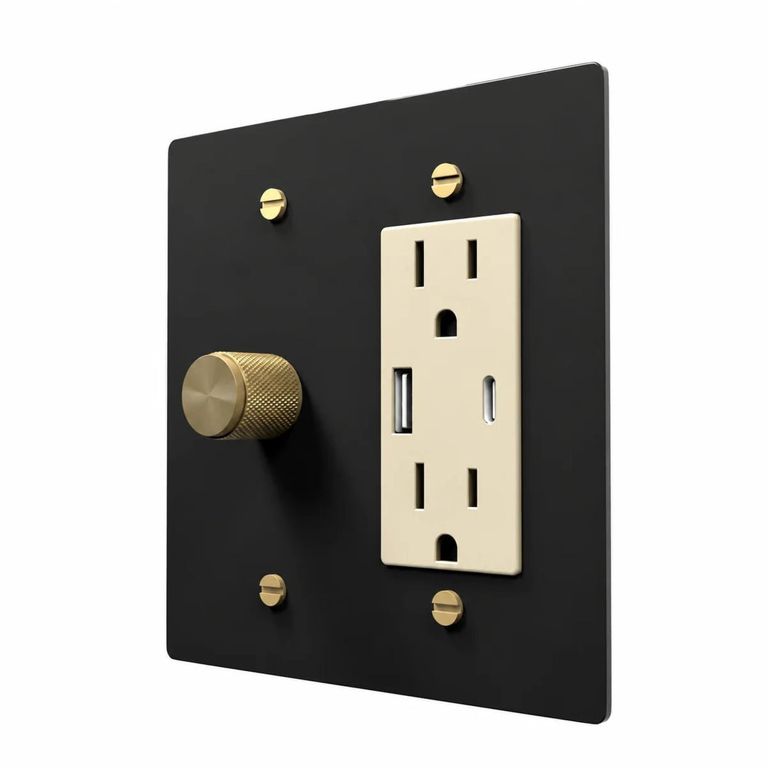 Brass Dimmer & Outlet Combo Switch Plate in Black / Brass with ivory outlet inserts, angled view