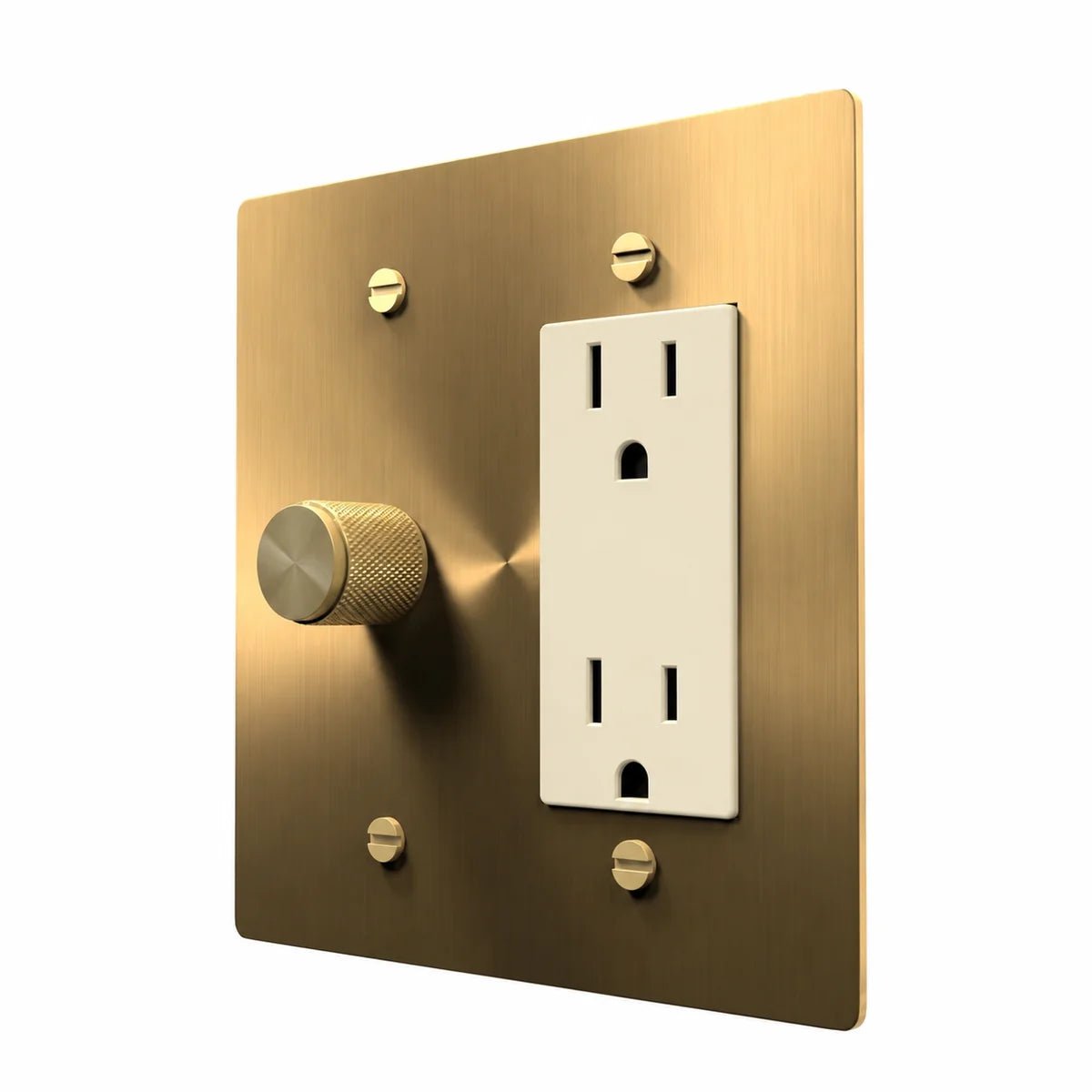 Brass Dimmer & Outlet Combo Switch Plate in Brass with ivory outlet inserts, angled view