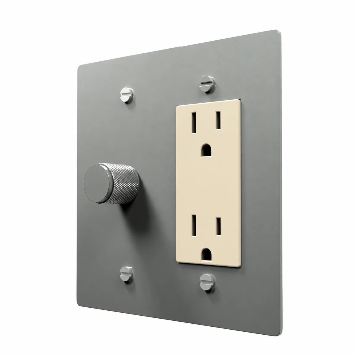 Brass Dimmer & Outlet Combo Switch Plate in Stainless Steel with ivory outlet inserts, angled view
