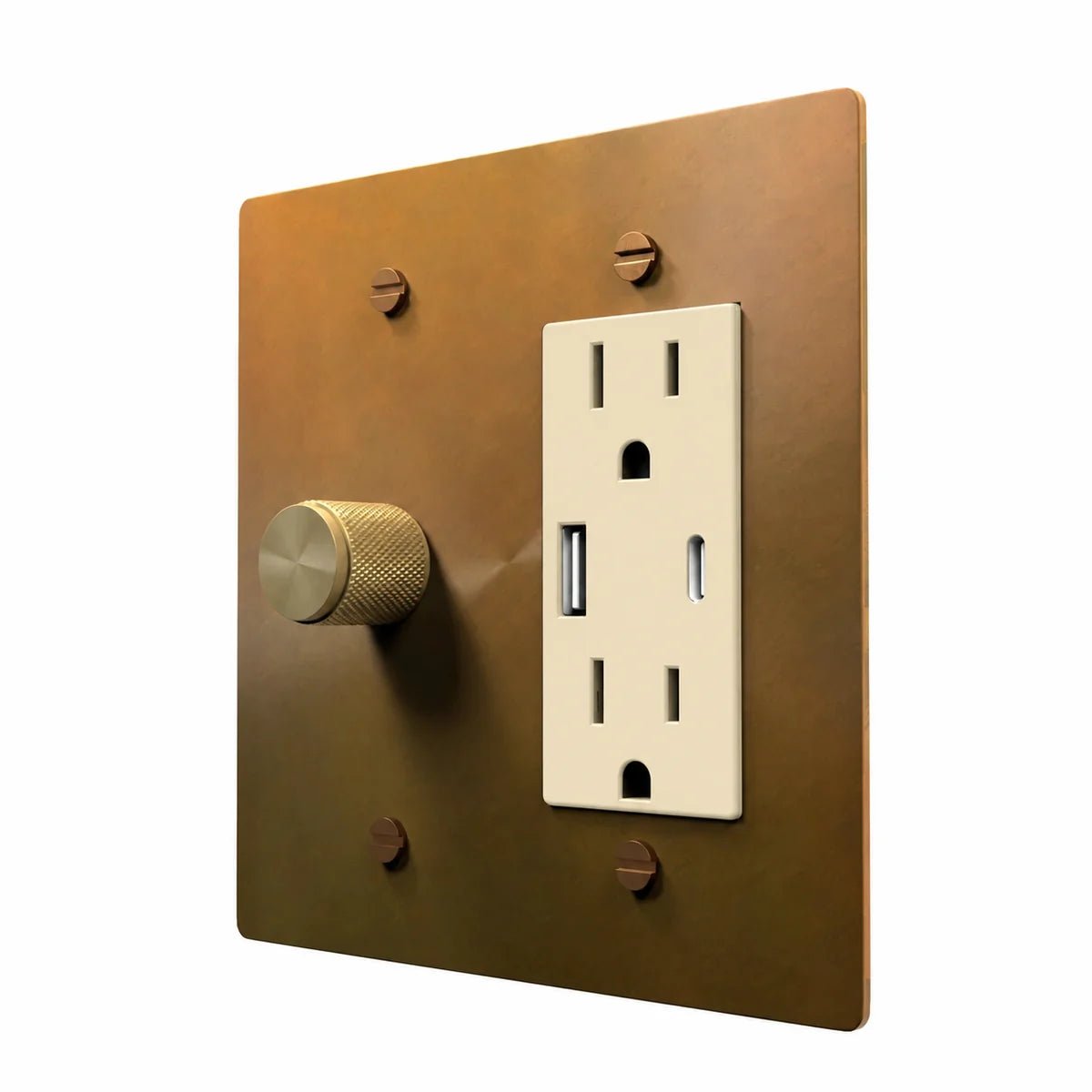 Brass Dimmer & Outlet Combo Switch Plate in Unlacquered Aged brass with ivory outlet inserts, angled view