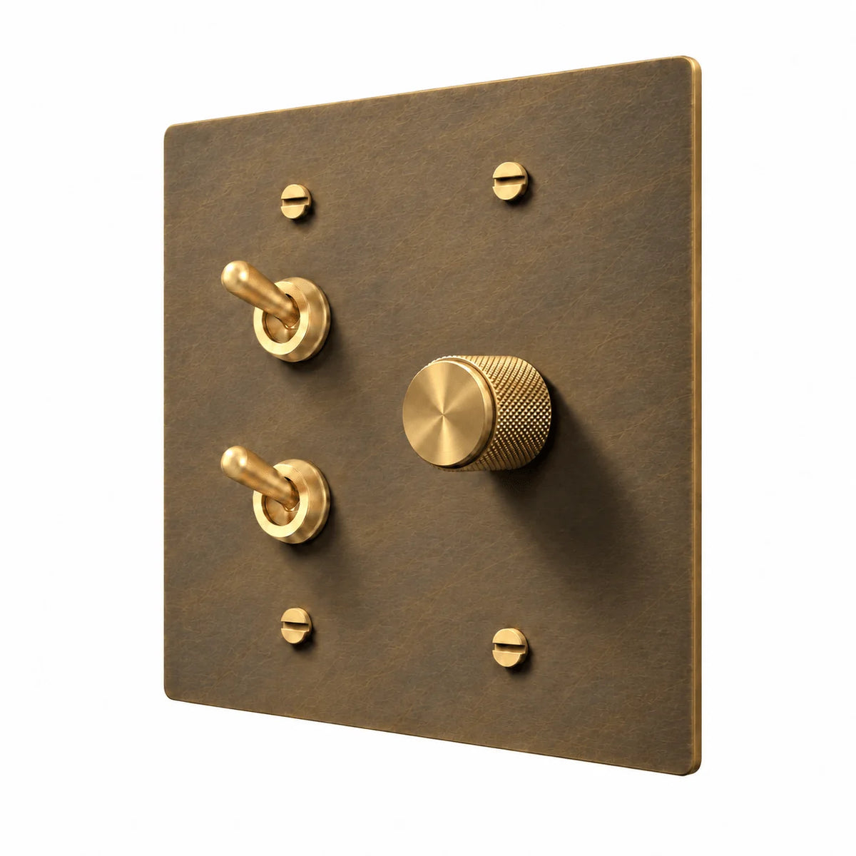 PlatePrestige Brass Stacked Retro Toggle & Dimmer Combo Switch Plate in uniform brushed aged brass