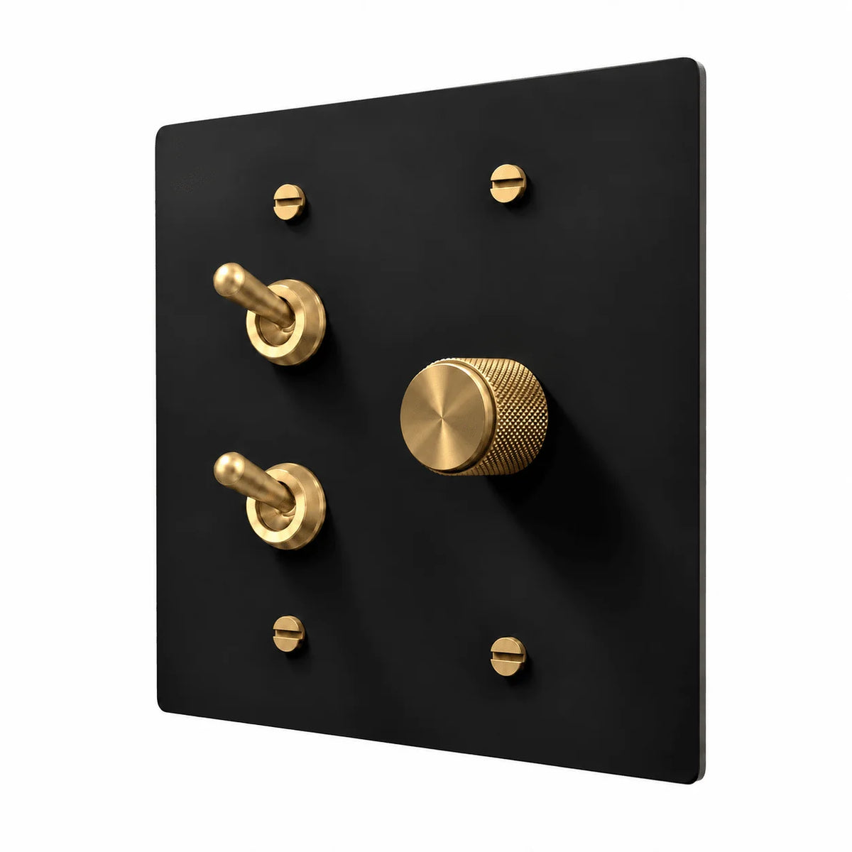 Black / Brass 2-gang stacked retro toggles and dimmer combination plate