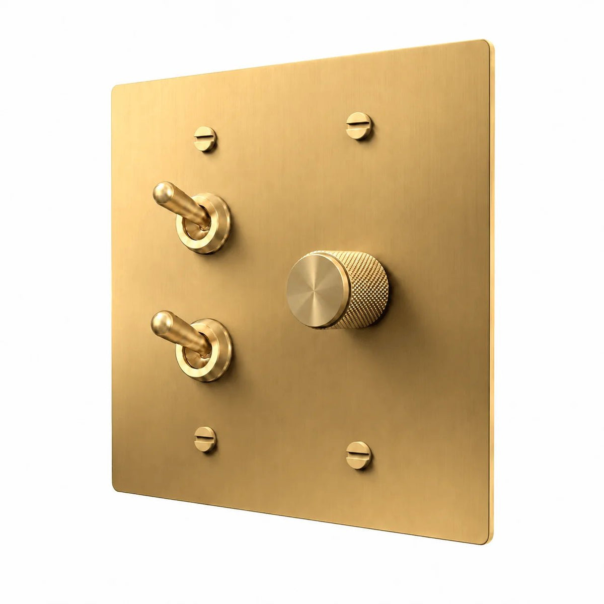 Brass 2-gang stacked retro toggles and dimmer combination plate