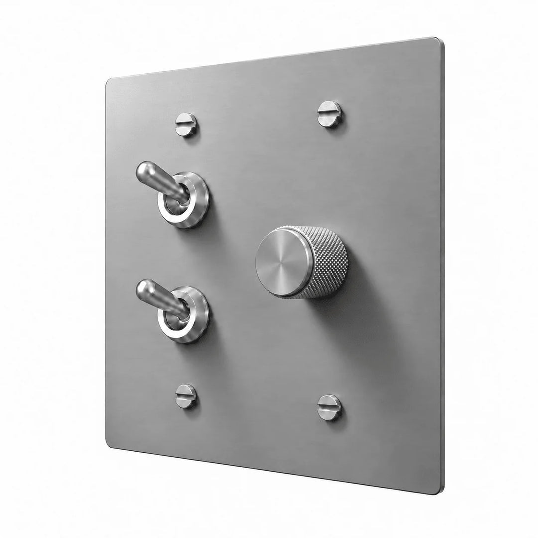 Stainless steel 2-gang stacked retro toggles and dimmer combination plate with silver cross-knurled knob
