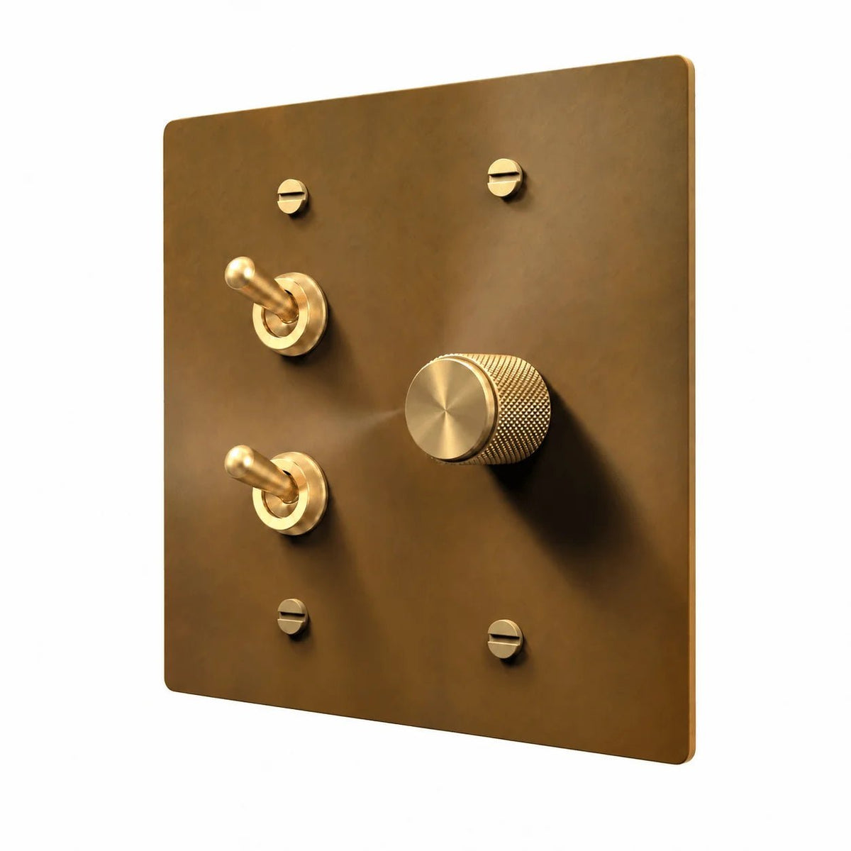 Unlacquered Aged brass 2-gang stacked retro toggles and dimmer combination plate