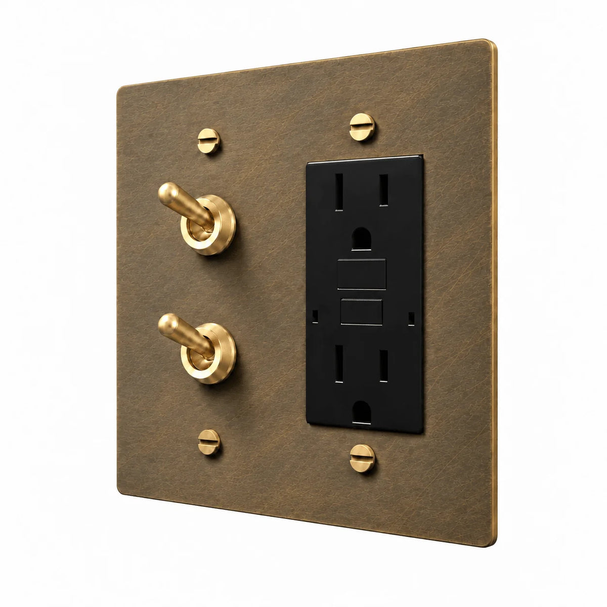 PlatePrestige Brass Stacked Retro Toggle & Outlet Combo Switch Plate in uniform brushed aged brass