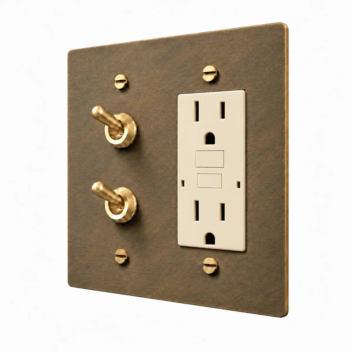 Brass Stacked Retro Toggle & Outlet Combo Switch Plate in Aged Brass with ivory outlet inserts, angled view