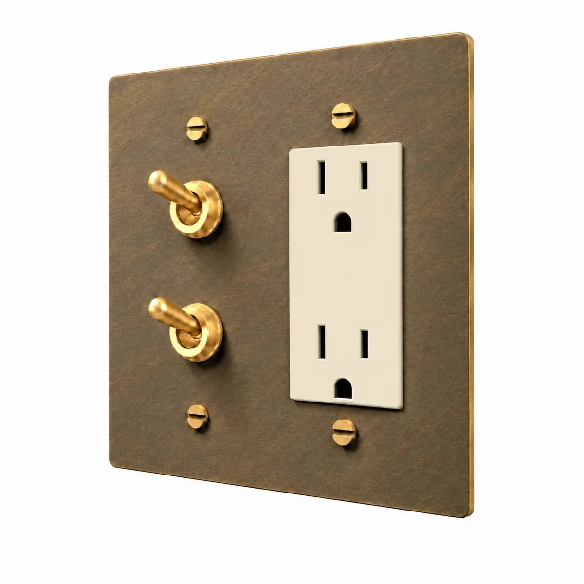 Brass Stacked Retro Toggle & Outlet Combo Switch Plate in Aged Brass with ivory outlet inserts, angled view