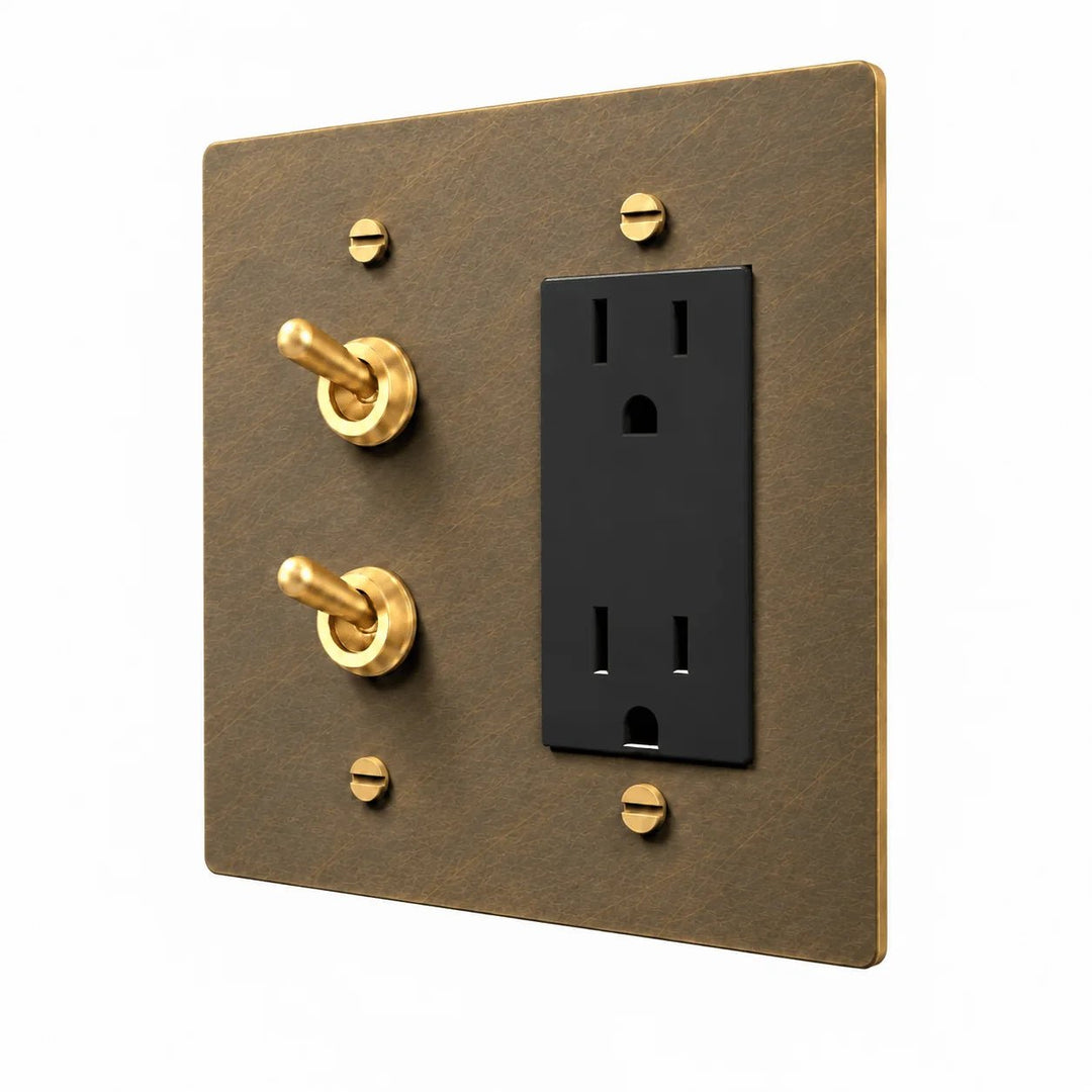 PlatePrestige Brass Stacked Retro Toggle & Outlet Combo Switch Plate in uniform brushed aged brass