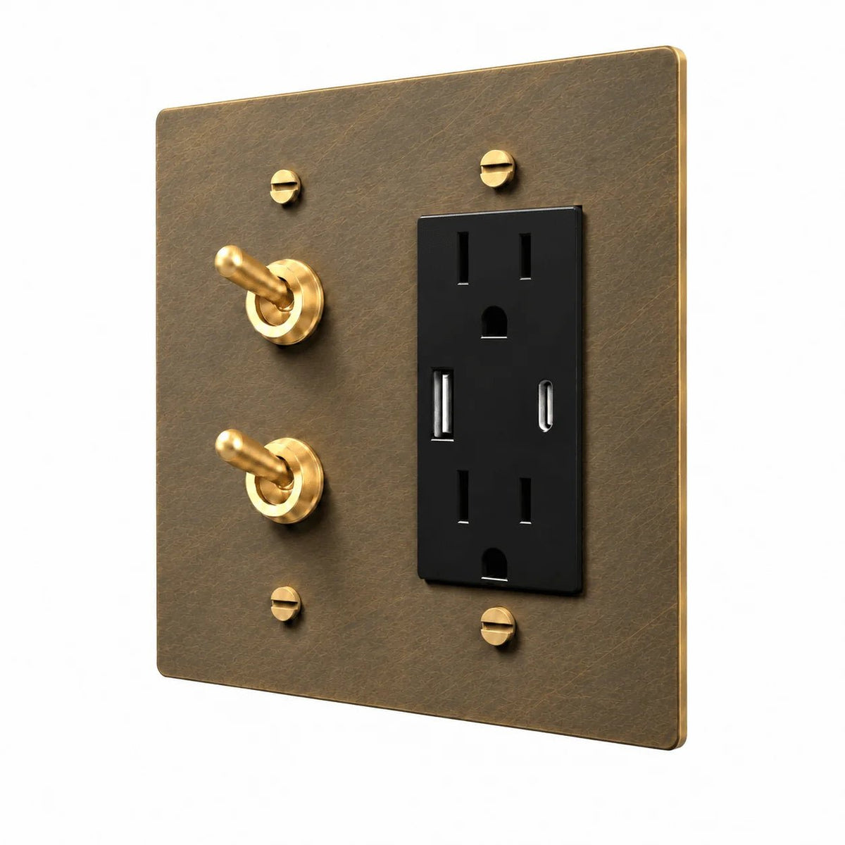PlatePrestige Brass Stacked Retro Toggle & Outlet Combo Switch Plate in uniform brushed aged brass