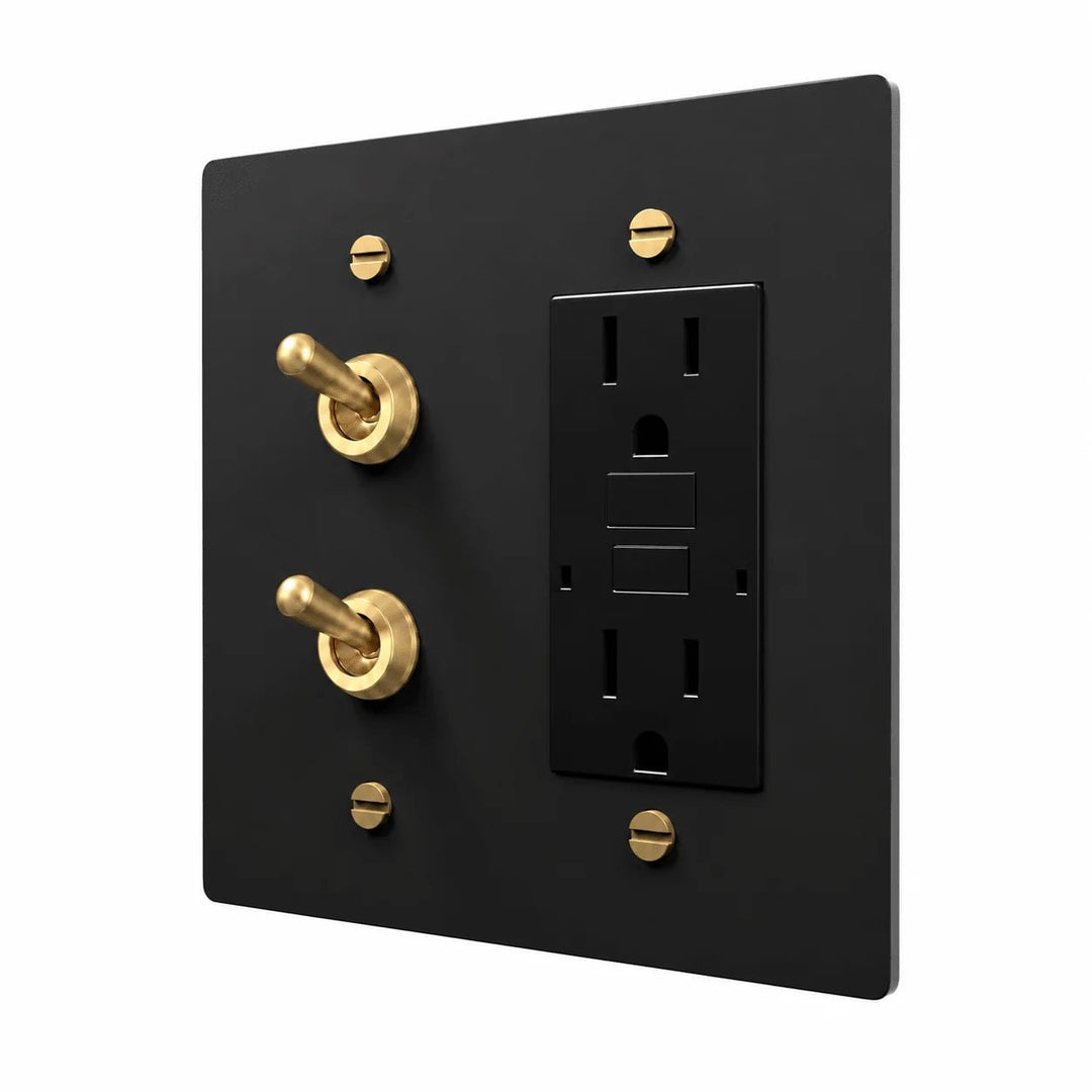 Black / Brass 2-gang stacked retro toggles and GFCI outlet combination plate