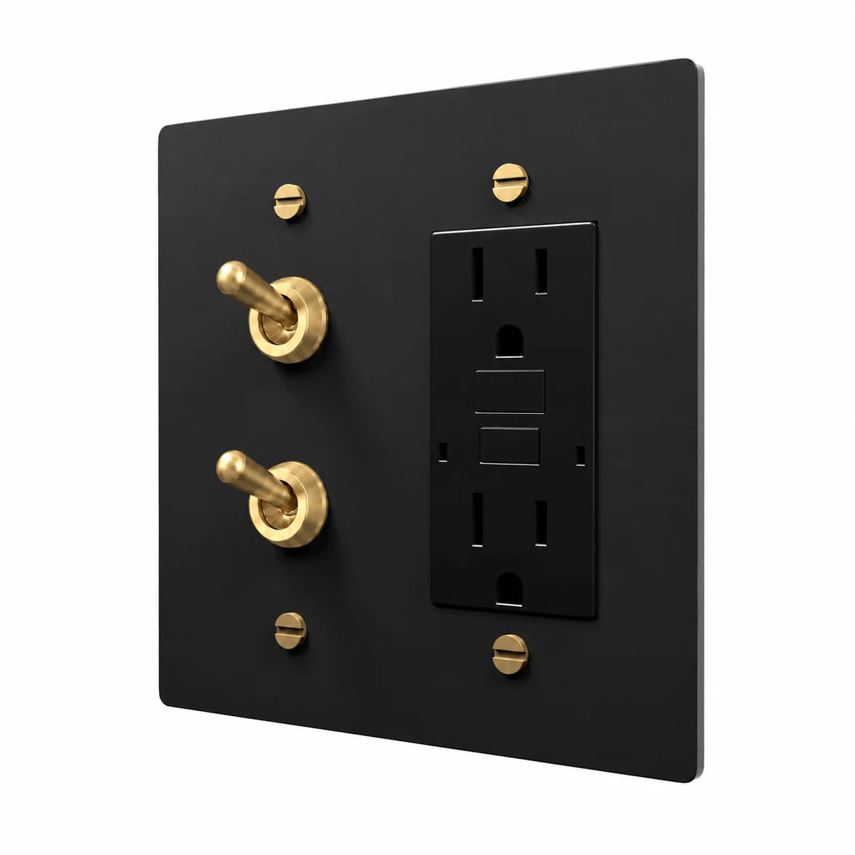 Black / Brass 2-gang stacked retro toggles and GFCI outlet combination plate