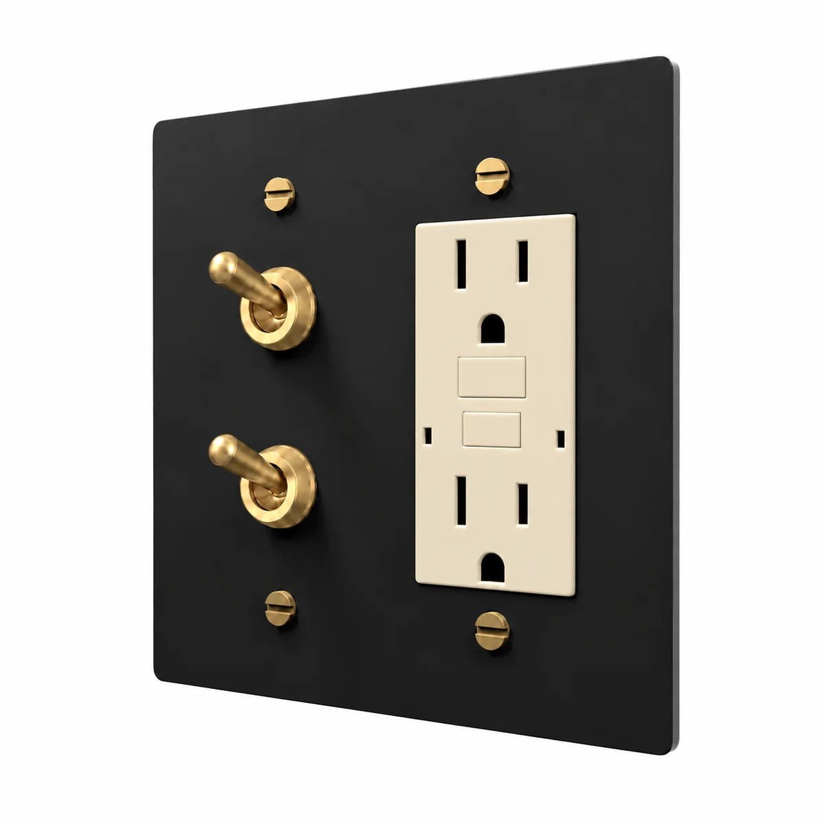 Brass Stacked Retro Toggle & Outlet Combo Switch Plate in Black / Brass with ivory outlet inserts, angled view
