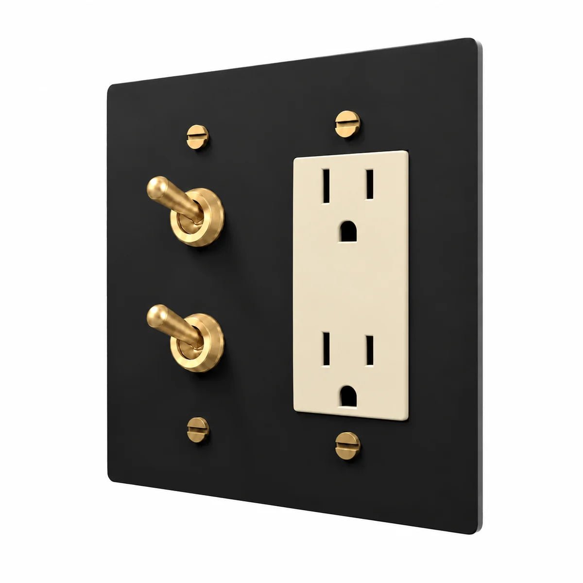 Brass Stacked Retro Toggle & Outlet Combo Switch Plate in Black / Brass with ivory outlet inserts, angled view