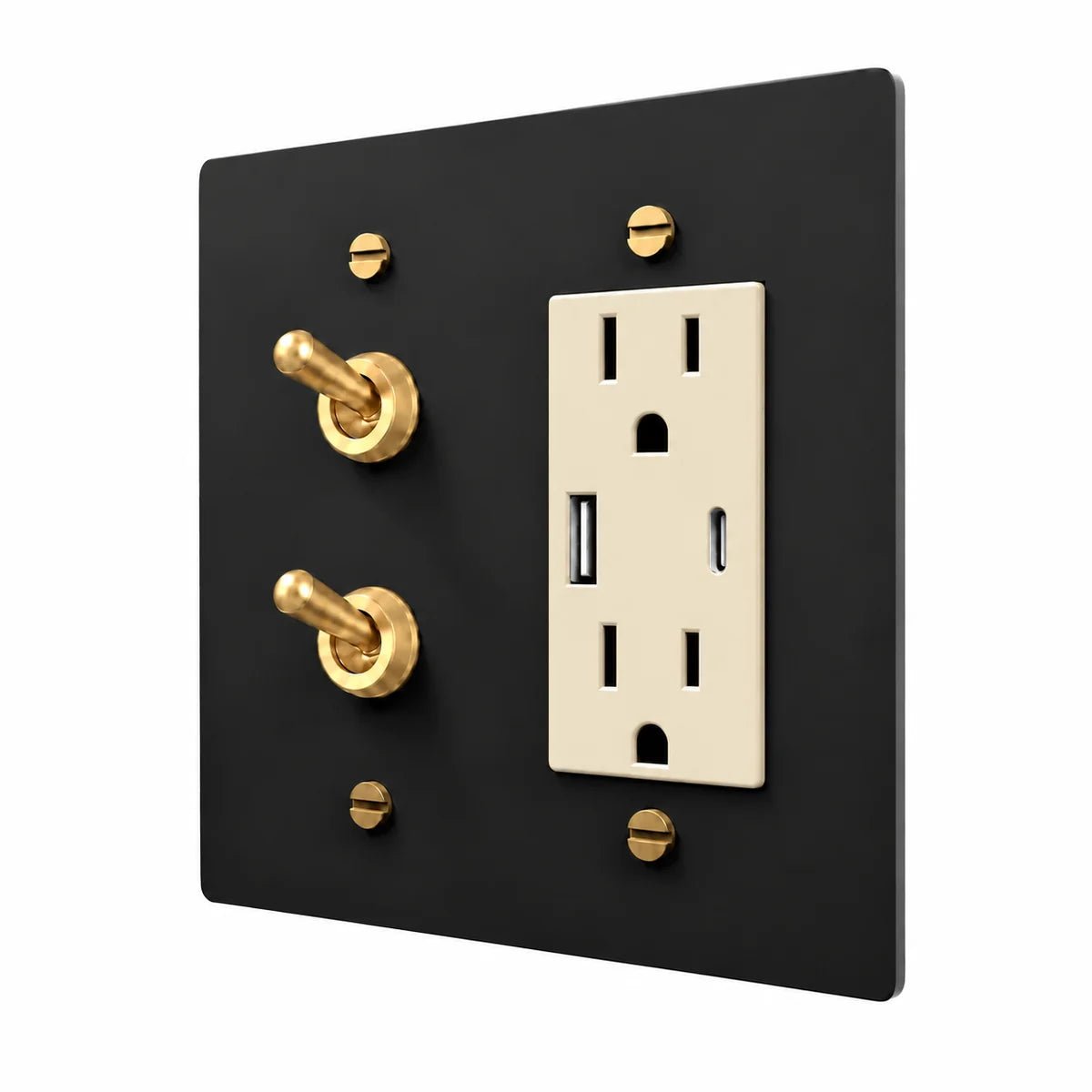 Brass Stacked Retro Toggle & Outlet Combo Switch Plate in Black / Brass with ivory outlet inserts, angled view