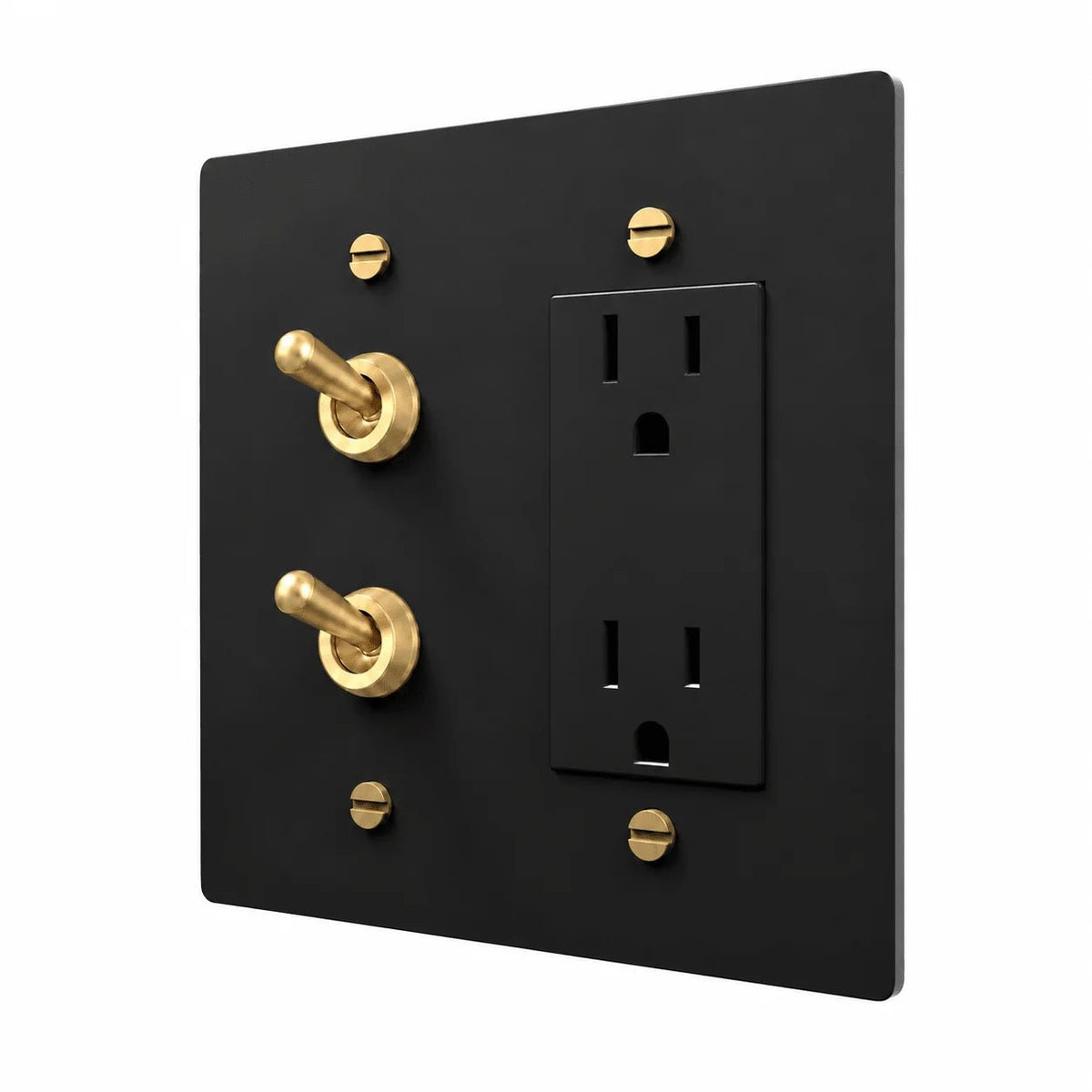 Black / Brass 2-gang stacked retro toggles and Regular outlet combination plate