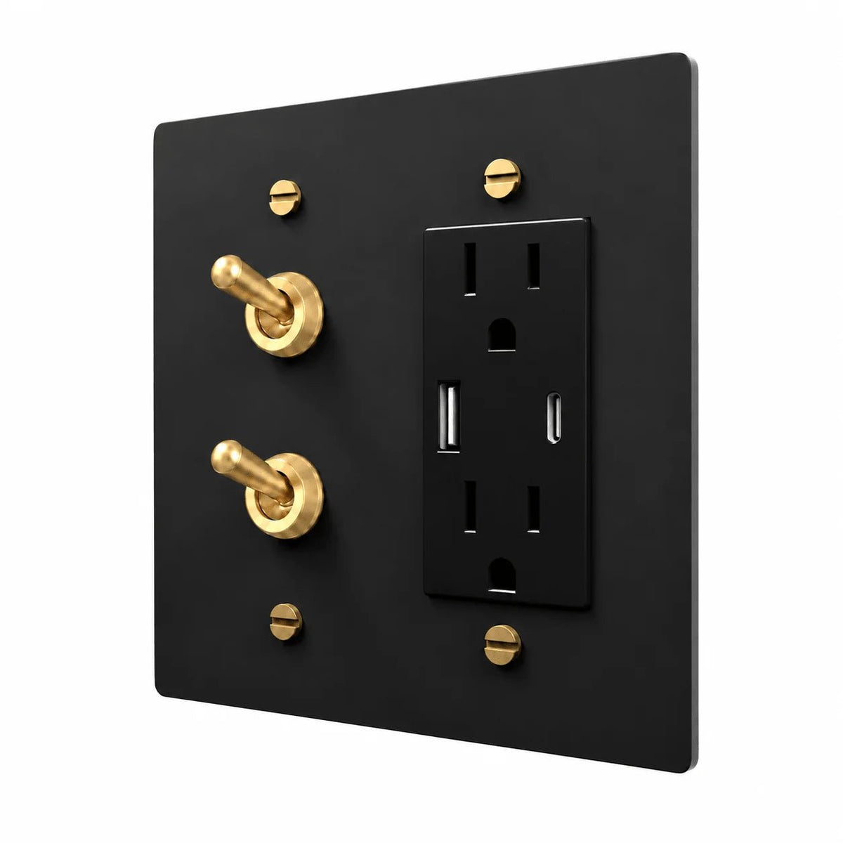 Black / Brass 2-gang stacked retro toggles and USB-C + USB-A outlet combination plate