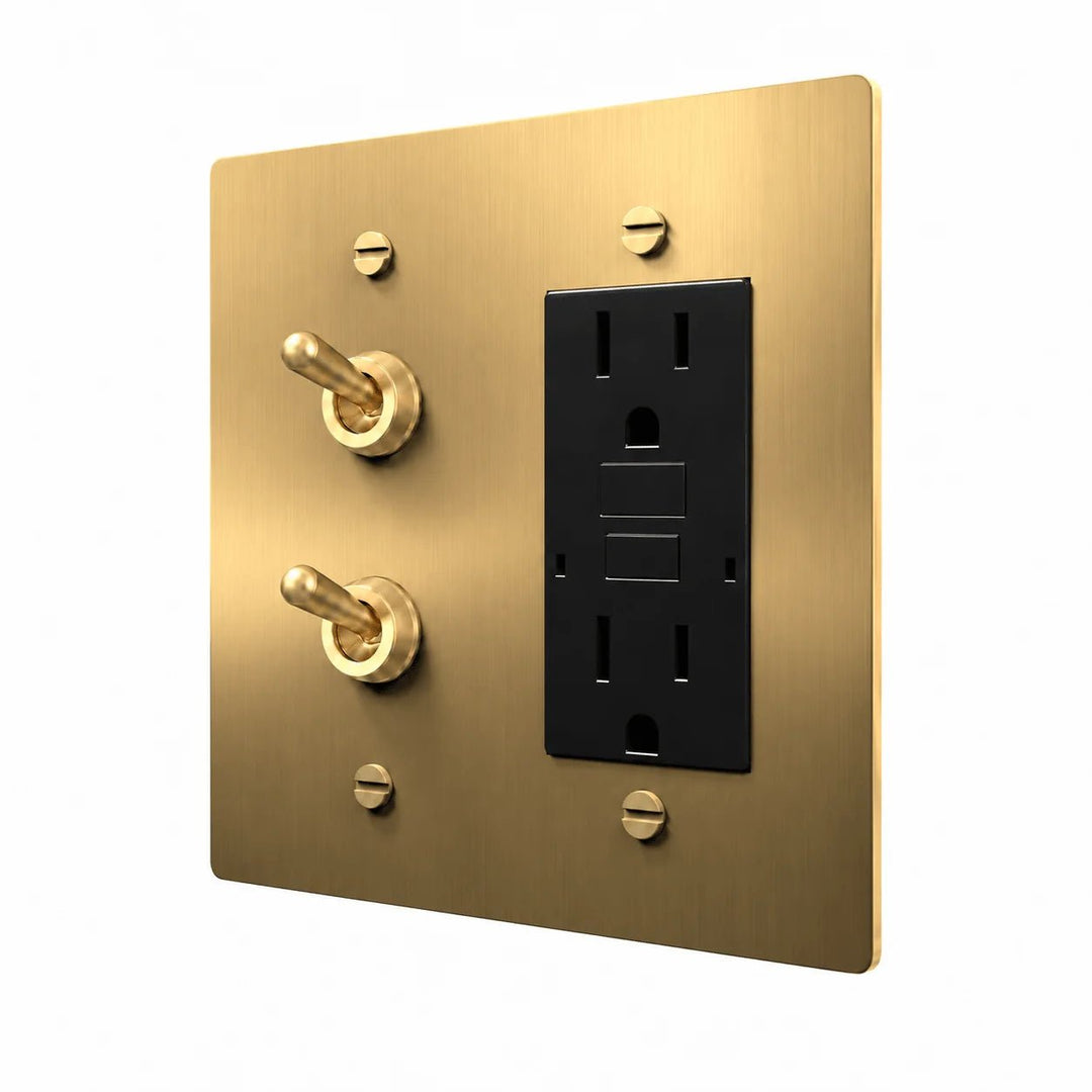 Brass 2-gang stacked retro toggles and GFCI outlet combination plate