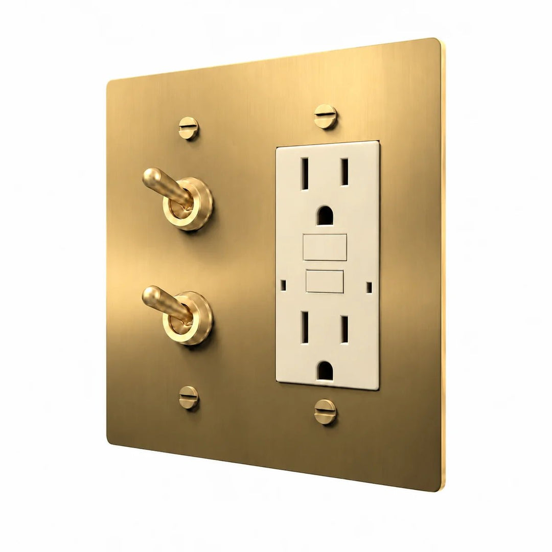 Brass Stacked Retro Toggle & Outlet Combo Switch Plate in Brass with ivory outlet inserts, angled view