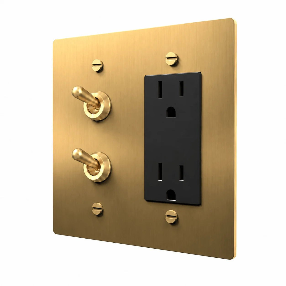 Brass 2-gang stacked retro toggles and Regular outlet combination plate