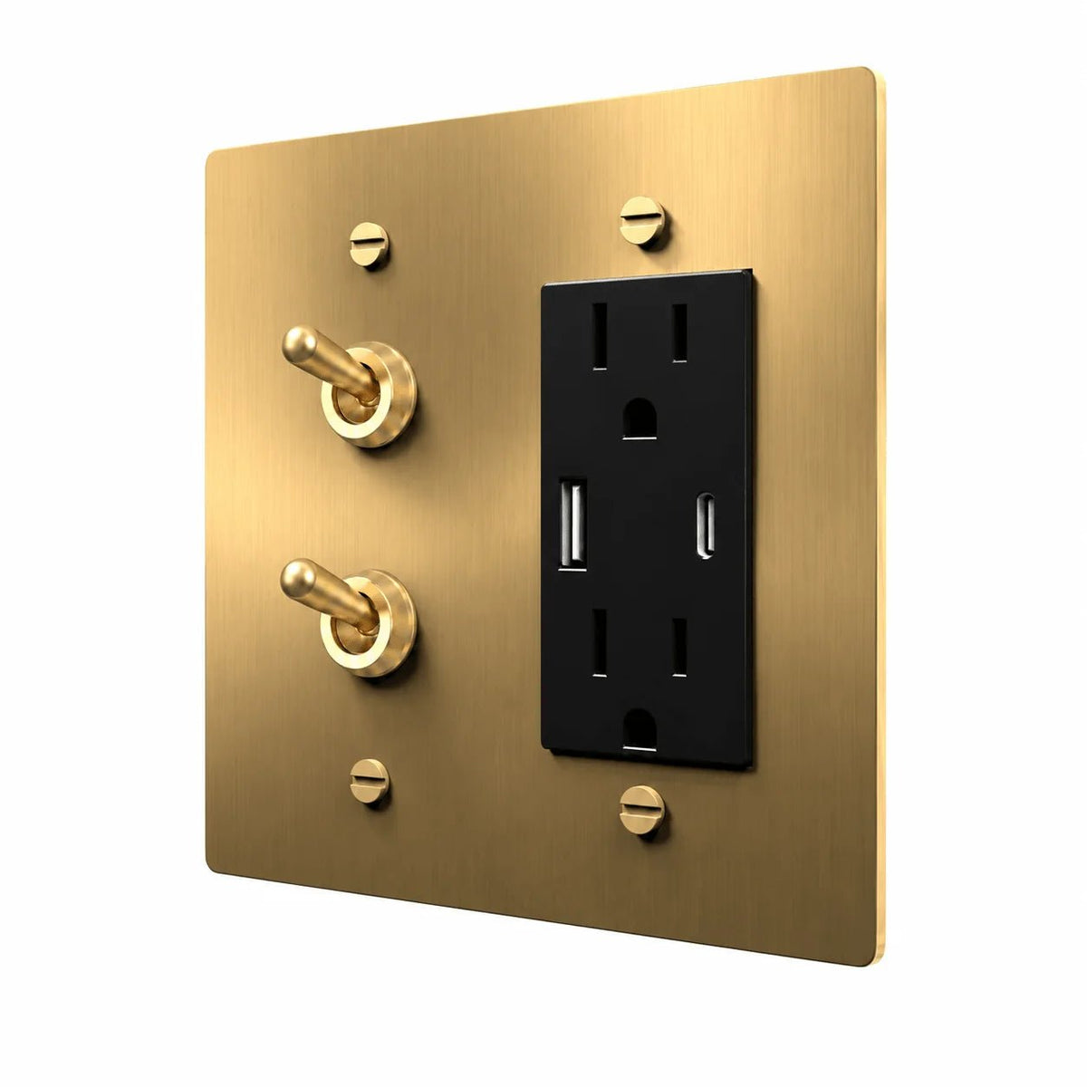 Brass 2-gang stacked retro toggles and USB-C + USB-A outlet combination plate