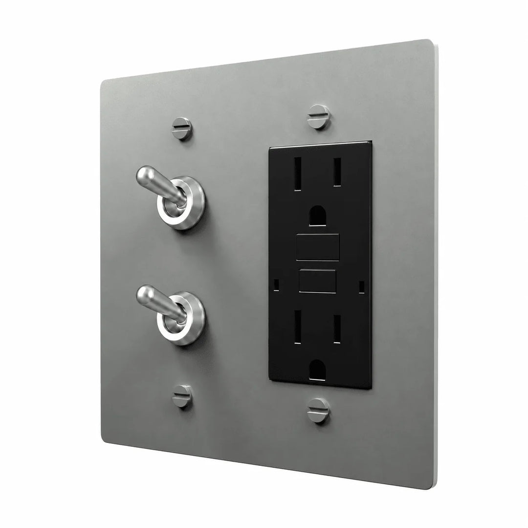 Stainless Steel 2-gang stacked retro toggles and GFCI outlet combination plate