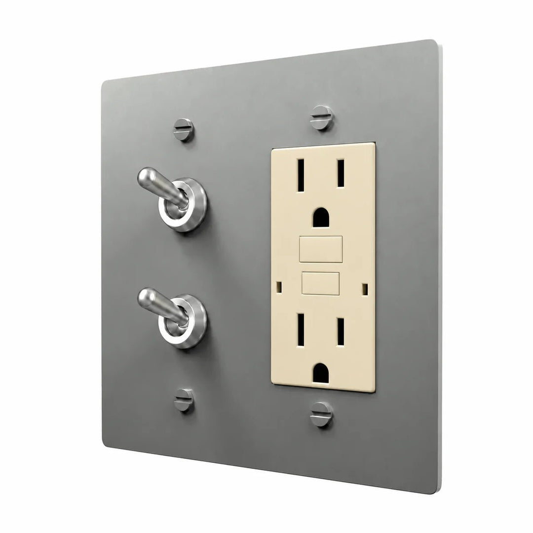 Brass Stacked Retro Toggle & Outlet Combo Switch Plate in Stainless Steel with ivory outlet inserts, angled view