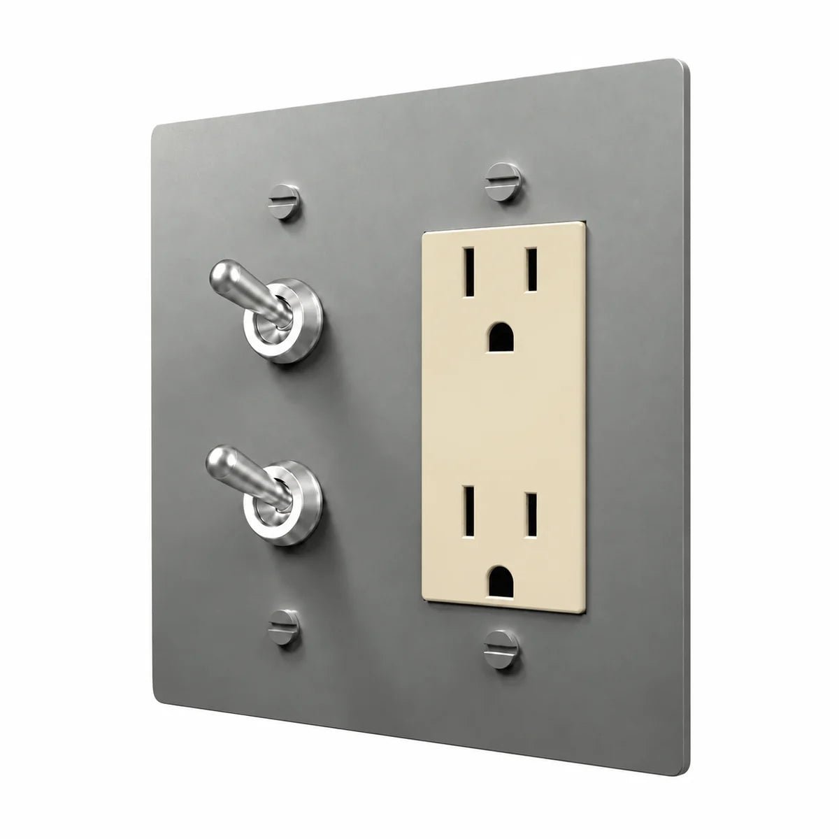 Brass Stacked Retro Toggle & Outlet Combo Switch Plate in Stainless Steel with ivory outlet inserts, angled view