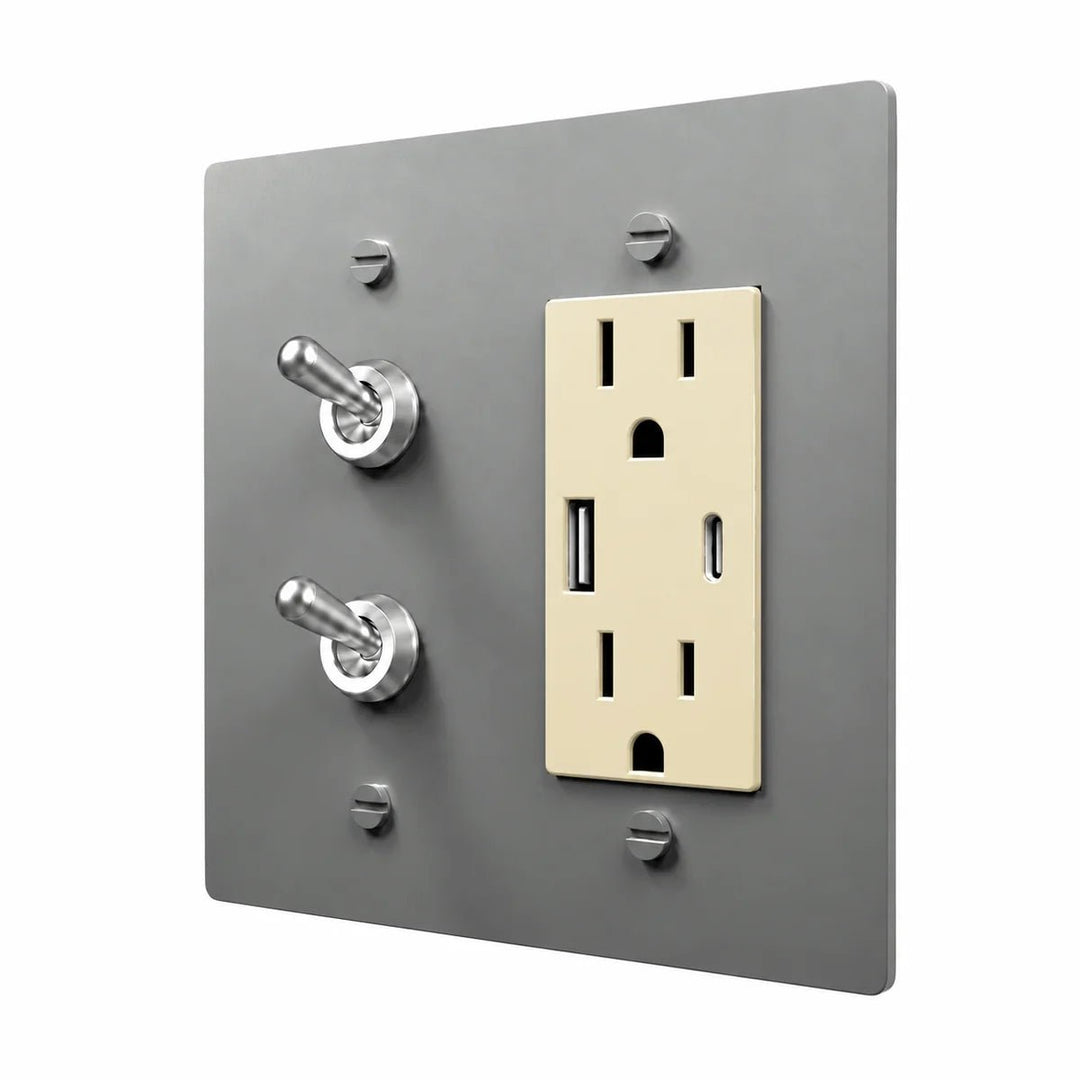 Brass Stacked Retro Toggle & Outlet Combo Switch Plate in Stainless Steel with ivory outlet inserts, angled view