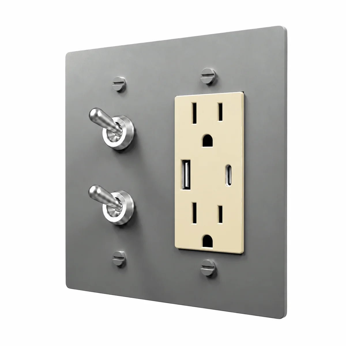 Brass Stacked Retro Toggle & Outlet Combo Switch Plate in Stainless Steel with ivory outlet inserts, angled view