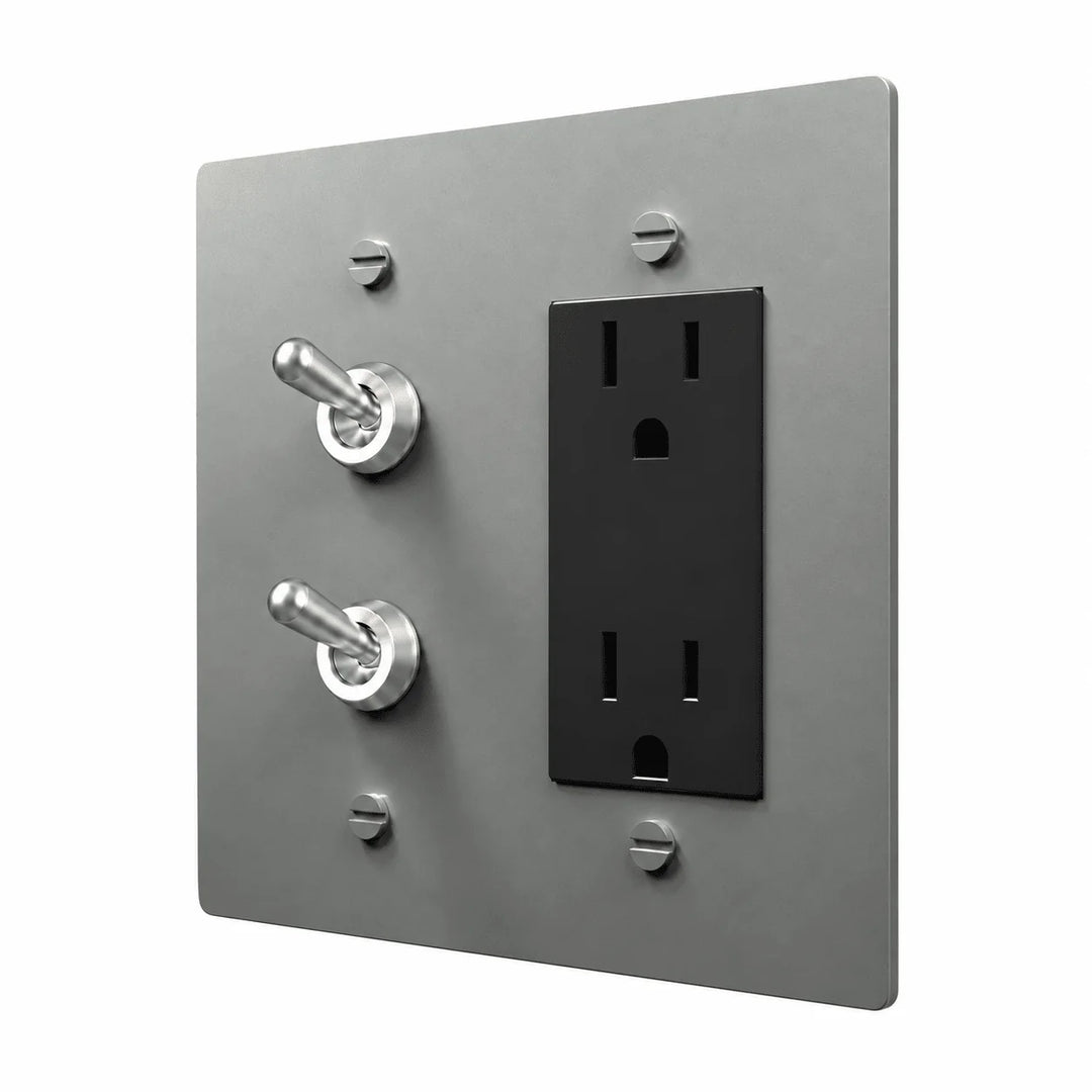 Stainless Steel 2-gang stacked retro toggles and Regular outlet combination plate