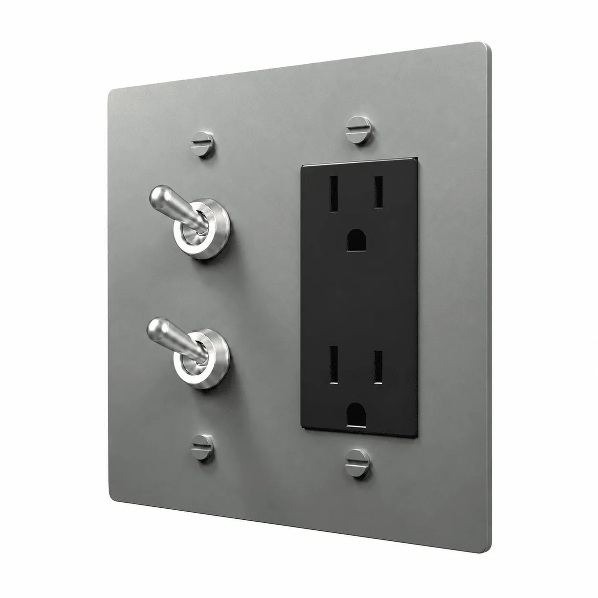 Stainless Steel 2-gang stacked retro toggles and Regular outlet combination plate
