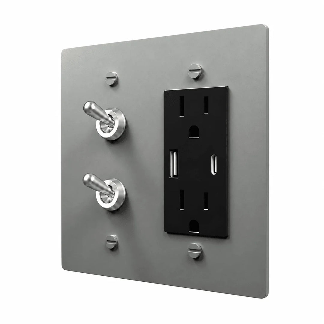Stainless Steel 2-gang stacked retro toggles and USB-C + USB-A outlet combination plate