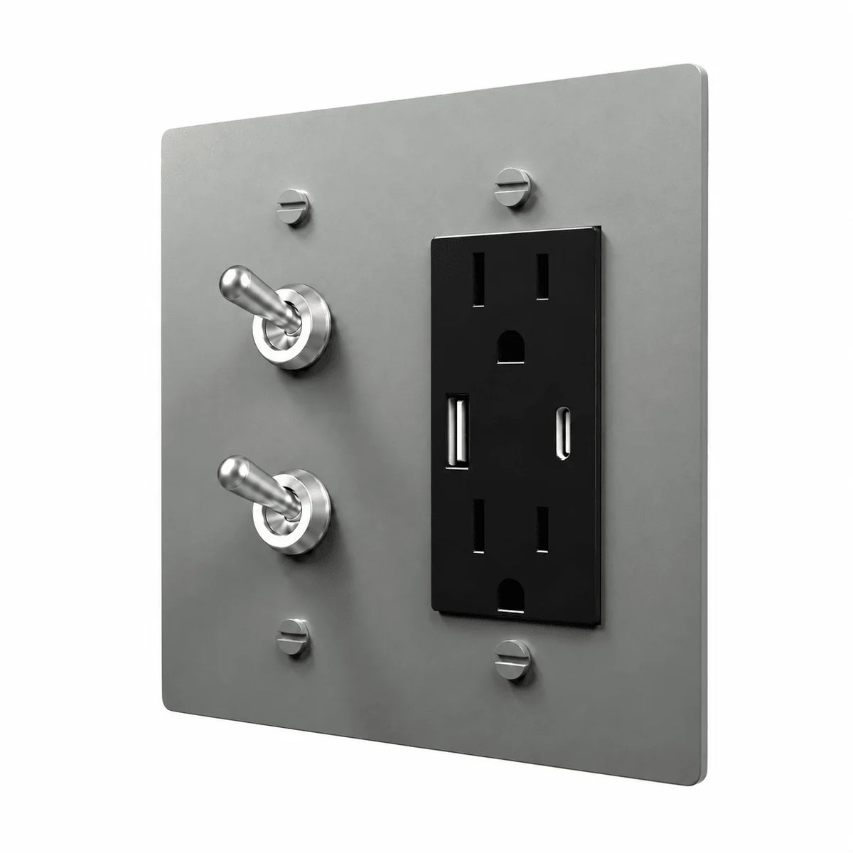 Stainless Steel 2-gang stacked retro toggles and USB-C + USB-A outlet combination plate