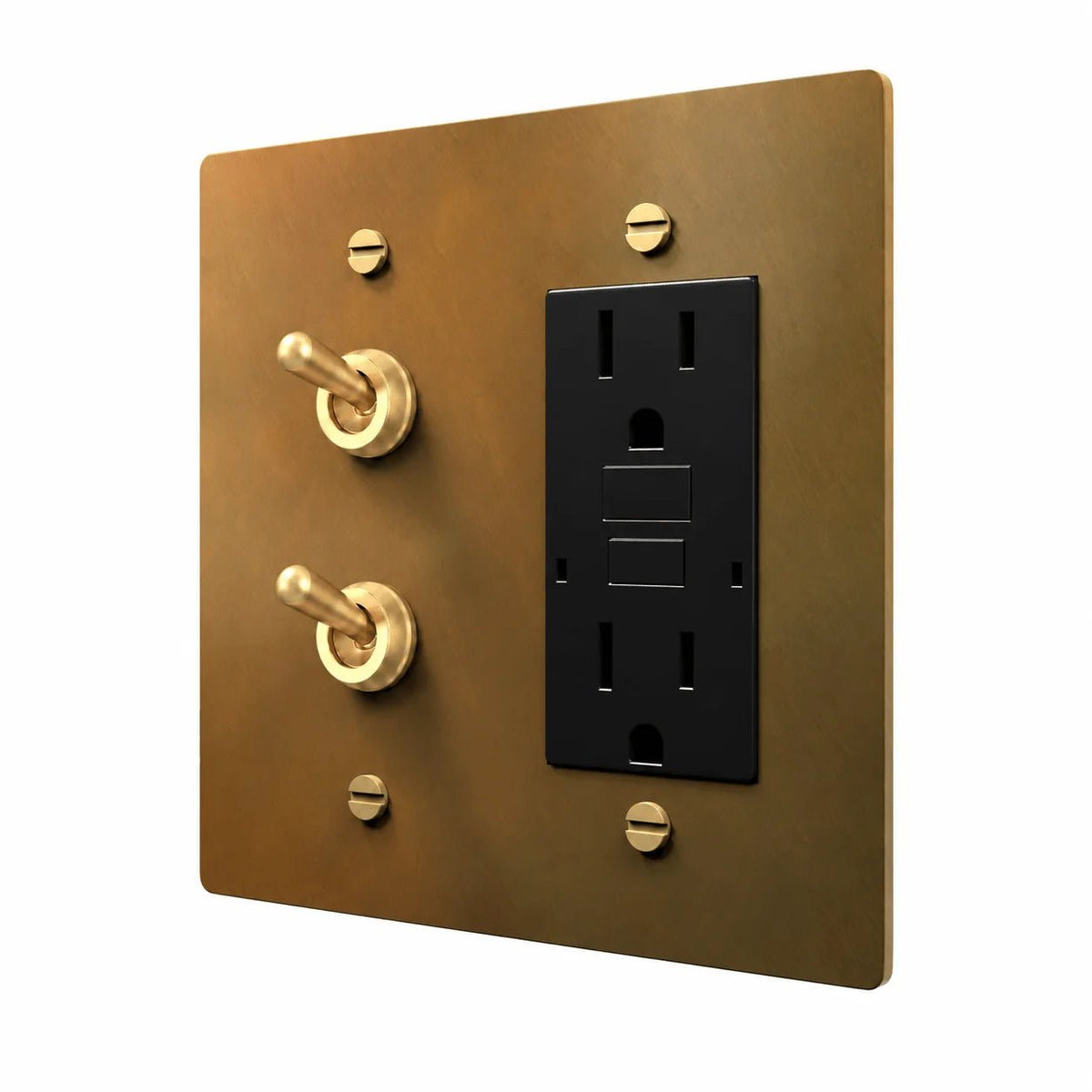 Unlacquered Aged brass 2-gang stacked retro toggles and GFCI outlet combination plate