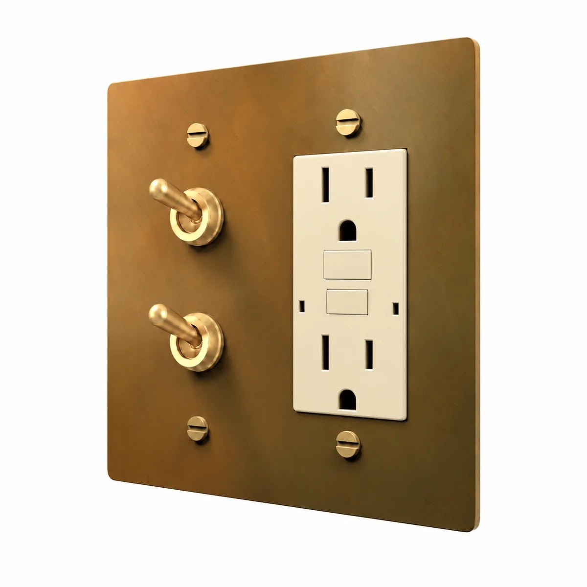Brass Stacked Retro Toggle & Outlet Combo Switch Plate in Unlacquered Aged brass with ivory outlet inserts, angled view