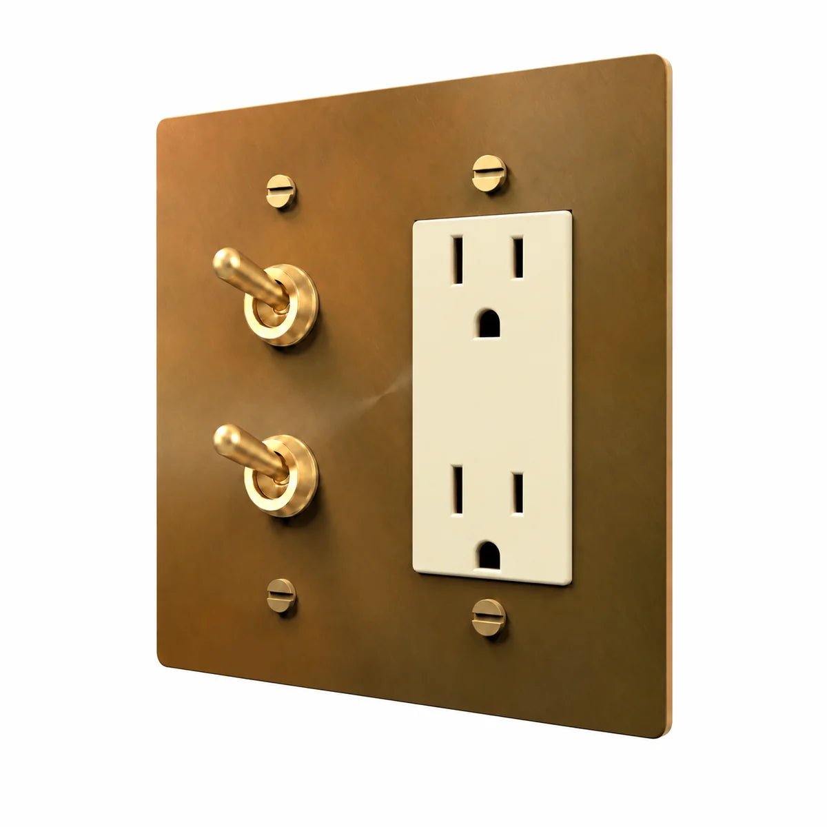 Brass Stacked Retro Toggle & Outlet Combo Switch Plate in Unlacquered Aged brass with ivory outlet inserts, angled view