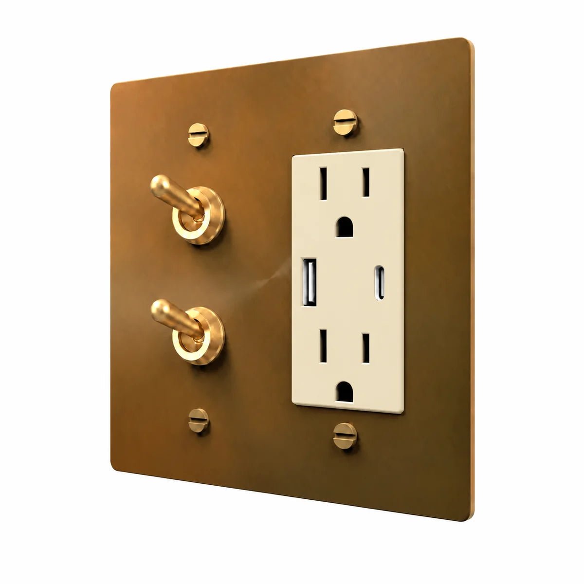 Brass Stacked Retro Toggle & Outlet Combo Switch Plate in Unlacquered Aged brass with ivory outlet inserts, angled view