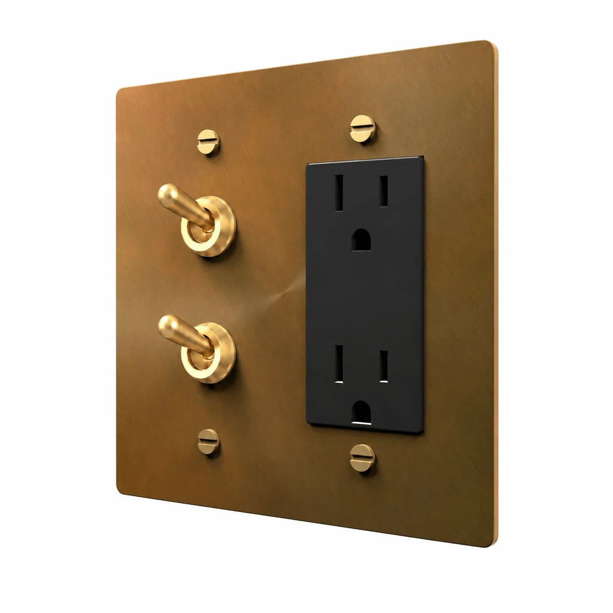 Unlacquered Aged brass 2-gang stacked retro toggles and Regular outlet combination plate